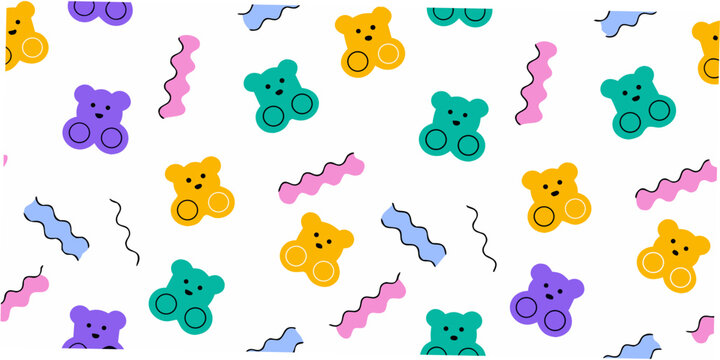 Colorful teddy bear pattern repeating illustration with wavy lines