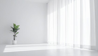Fototapeta premium A serene potted plant sits alone in a bright, empty room with sheer curtains.