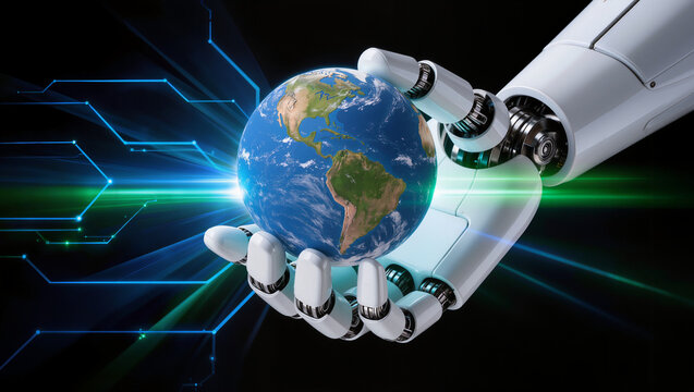 Close up robot hand holding the world 3D with blue and green light technology pattern effect around , black background.