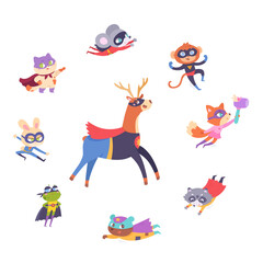 Fototapeta premium Superhero animals set. Cute funny zoo collection of monkey bunny bear frog mouse fox raccoon deer cat. Strong superman characters with hero costume and masks. Cartoon vector illustration.