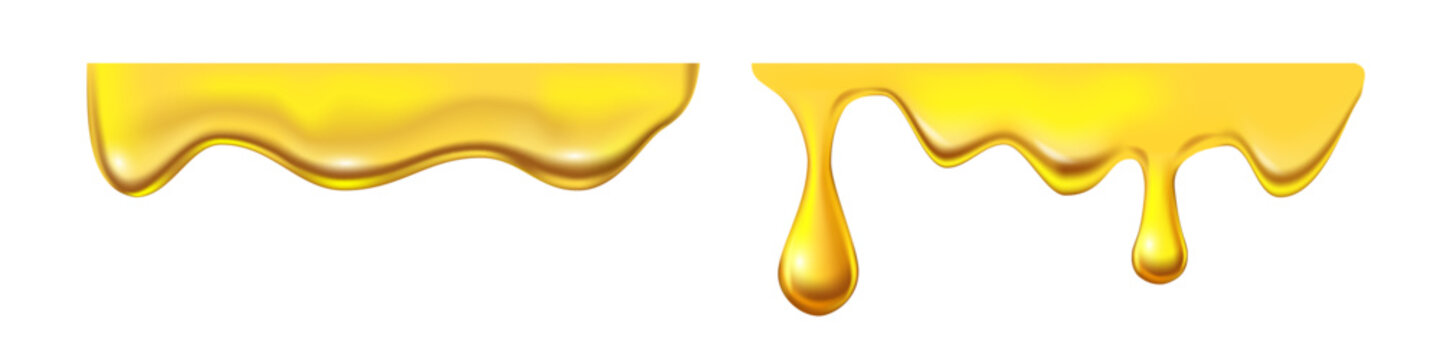 Melting cheese, honey, cream drips with golden honey flow on white background. Yellow glossy liquid texture patterns. 3D food realistic vector illustrations set.