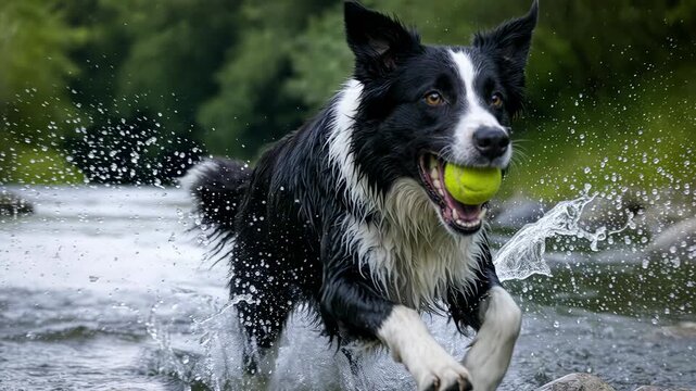 A joyful border collie sprints through a shallow sun dappled stream with a tennis ball. Energetic dog playing in water during a sunny day at the forest creek.