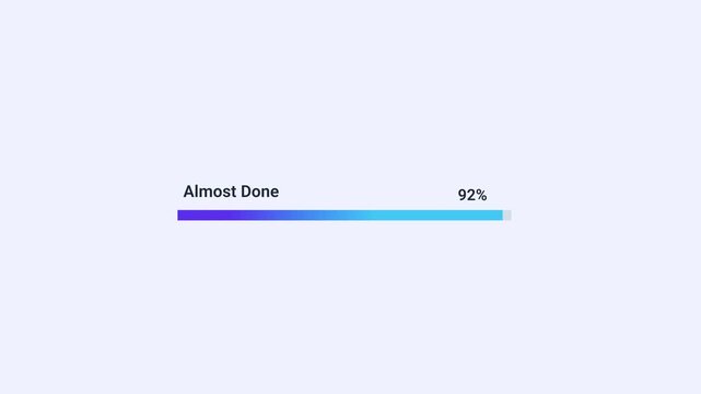 Animated almost done progress bar with percentage indicator and smooth loading motion. Looping motion graphic ideal for task completion, processing status, and user interface concepts.