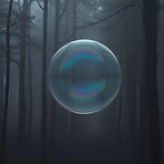 Fototapeta premium Iridescent soap bubble floating delicately in a dark, misty winter forest