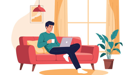 Fototapeta premium Comfortable remote work or freelance concept with man sitting on sofa and using laptop while drinking coffee at home.