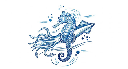 Seahorse and Squid Underwater Illustration. © Melinda