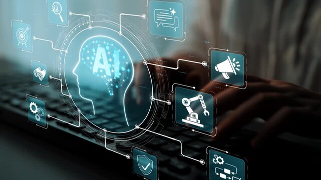 Digital concept of artificial intelligence growing from human brain with various graphic icons representing technology development and data processing Sigmoid
