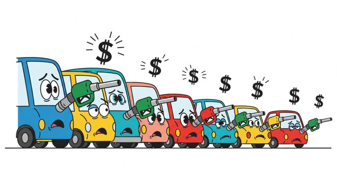 Sad cartoon cars lined up showing financial distress and rising costs.