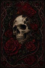 Fototapeta premium Dark gothic skull surrounded by deep red roses, thorny vines, ivy, and ornate borders, ideal for tattoo, poster, album cover, and romantic horror design