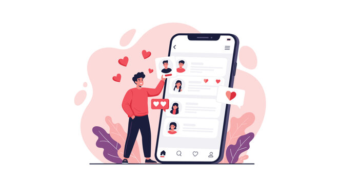 Young man using a smartphone dating application to browse through various user profiles and select potential romantic matches.
