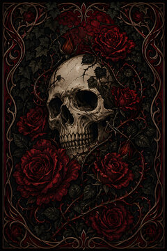 Dark gothic skull surrounded by deep red roses, thorny vines, ivy, and ornate borders, ideal for tattoo, poster, album cover, and romantic horror design