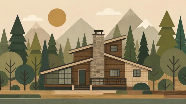 Sloping rooflines and rectangular cabin forms anchor this cinematic gigapixel CGI landscape featuring a modern wooden lodge nestled within a serene forest and distant majestic mountain range.