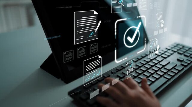 Hands Typing on Keyboard with Digital Interface Displaying Documents, Checkmarks, and Data Visualizations in a Modern Workspace Environment Sigmoid