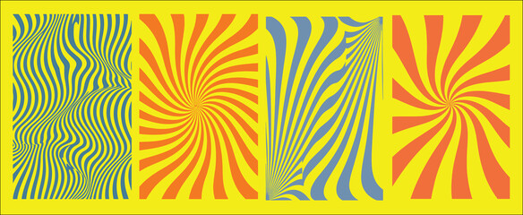 Abstract geometric patterns with warped lines and swirling shapes in blue orange and yellow colors © Suman
