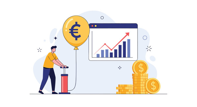 Business person using a manual pump to inflate a giant euro currency balloon next to financial growth charts and coins.