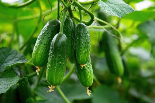 Cucumbers grown in greenhouse, Organic homesteading, Homegrown vegetables. Cucumber growing in a greenhouse. Many gherkins. Green cucumbers ripening in the sun, close-up on a green leaves background.