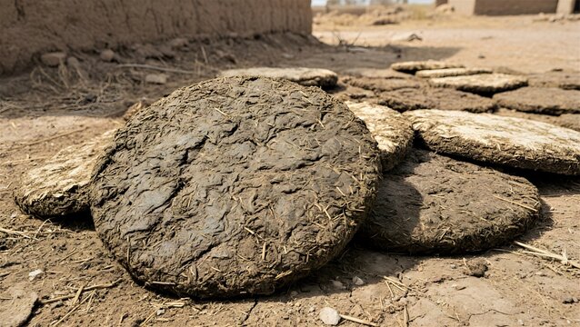 Dung cake in line with fields background at village atmospheric making process of dry in Sun shine making fuel for clay made stove buring fire traditional objects made by Indian women generated by AI