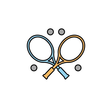 Crossed tennis rackets and four balls flat line icon