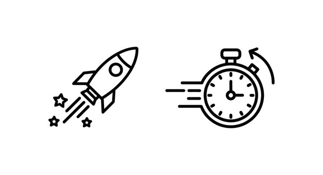 Fast track concept icons with rocket launch and speeding stopwatch for rapid progress stopwatch acceleration priority efficient deadline quickness movement illustration