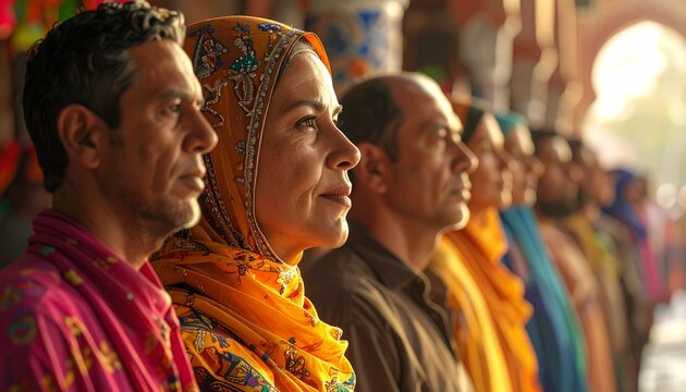 Diverse group of people standing in a line, looking forward.