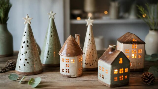 A collection of ceramic Christmas trees and miniature houses sits on a rustic wooden table, creating a cozy holiday atmosphere with warm glowing lights inside the small clay village structures.