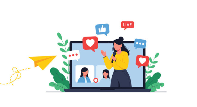 Female online influencer hosting a live streaming session on a laptop with social media engagement icons and comments.