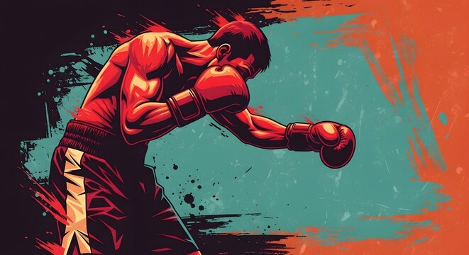 Stylized boxer throwing a powerful punch. Athletic training and professional sports competition. Fighter demonstrating strength and boxing technique in the ring.