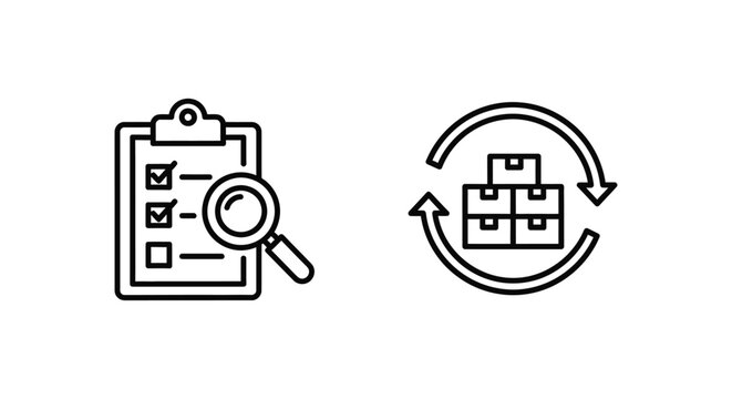 Inventory counting and cycle count icons with clipboard and magnifying glass inventory counting clipboard checklist checkbox magnifying warehouse management logistics business