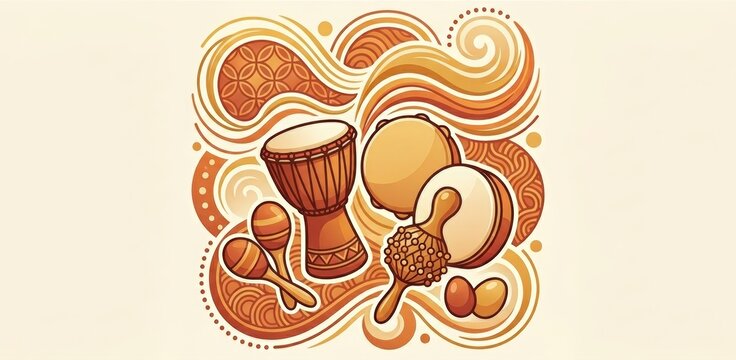 Hand drums and shakers with flowing decorative patterns in warm colors