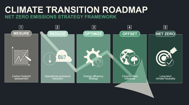 Climate Transition Roadmap Dashboard. Dark banner showing five-step climate transition roadmap. Corporate emissions strategy framework infographic. Vector illustration