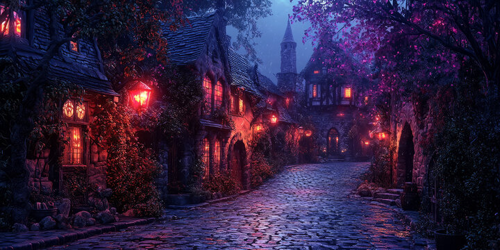Mystical medieval town with cobblestone streets and magical glowing lanterns