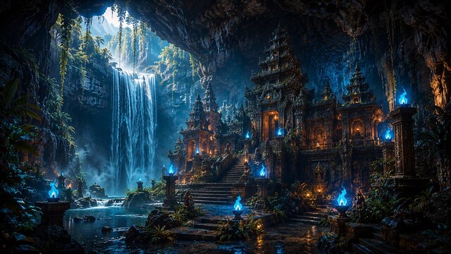 Mystical Underground Temple with Waterfall in Fantasy Cave