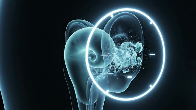 Detailed 3D Rendering of Human Ear Anatomy with Cochlea and Auditory Canal Showcasing Digital Effects and Particles for Medical Education and Health Illustrations