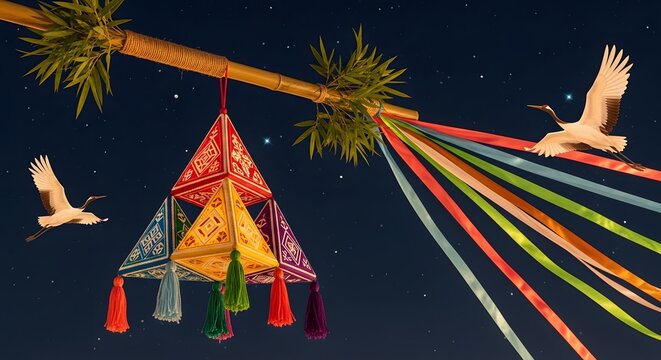 Tanabata festival decoration with colorful woven paper ornaments and ribbons hanging from a bamboo branch, two cranes flying against a dark blue starry night sky, Japanese tradition.