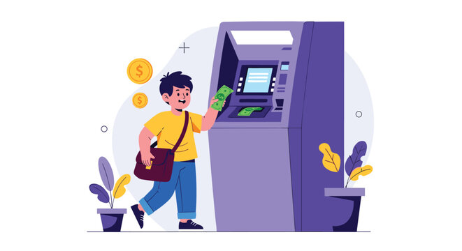 Young boy using an automated teller machine to withdraw cash, illustrating early financial education and banking concepts for children.