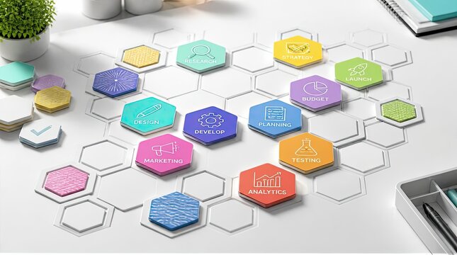 Organizing colorful task hexagons on a magnetic grid, professional project management workflow visualization with business icons on a modern white office desk for effective team productivity plans.