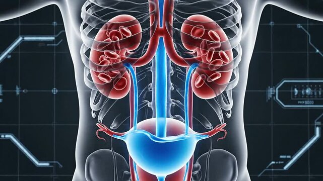 Detailed Anatomical Representation of The Human Urinary System Featuring Kidneys, Ureters, and Bladder on a Futuristic Digital Background for Medical and Educational Purposes