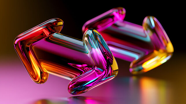 Two transparent, multicolored liquid glass arrows pointing in opposite directions on a reflective surface, illuminated with vibrant gradient lighting.