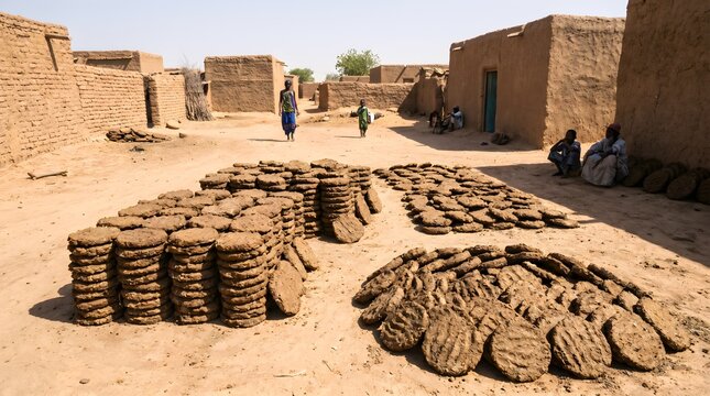 Dung cake in line with fields background at village atmospheric making process of dry in Sun shine making fuel for clay made stove buring fire traditional objects made by Indian women generated by AI