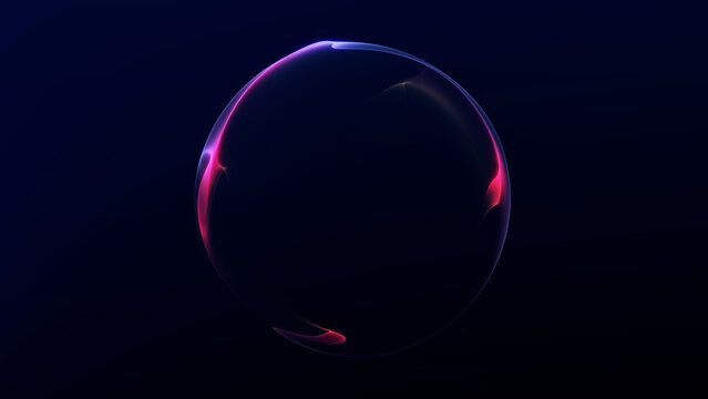 Dark blue abstract sphere with magenta glow and smooth neon rim, minimal futuristic light orb for sci fi design, digital art and technology backgrounds.