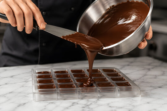 Pastry Chef Pouring Melted Chocolate Into Mold Tray for Confections