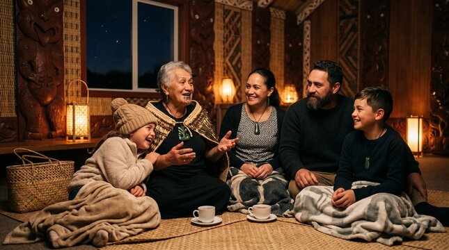 A Maori family gathered on a woven mat inside a traditional meeting house, listening to an elder woman tell a story