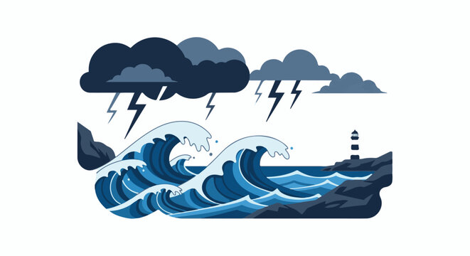 Stormy ocean with lightning, waves, and a distant lighthouse on rocks