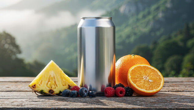 Can mockup template pattern with real fruit organic for fresh drink product on wood table