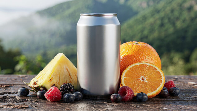 Can mockup template pattern with real fruit organic for fresh drink product on wood table