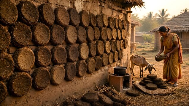 Dung cake in line with fields background at village atmospheric making process of dry in Sun shine making fuel for clay made stove buring fire traditional objects made by Indian women generated by AI