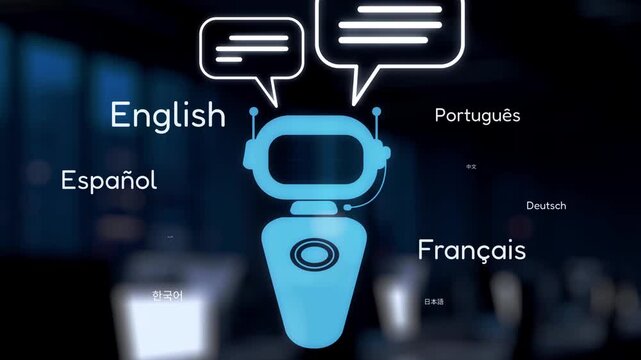 This image depicts a futuristic robot interacting through multilingual communication, highlighting various languages and emphasizing technological innovation and engagement. Synapse