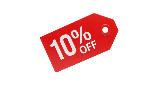 Red sale discount tag with 10 percent off isolated on transparent background