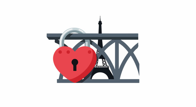 Red heart padlock on bridge railing with Eiffel Tower silhouette