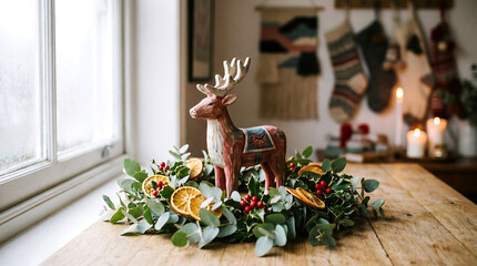 Fototapeta premium A festive holiday decoration featuring a reindeer figurine on a green wreath with orange slices and red berries on a wooden table